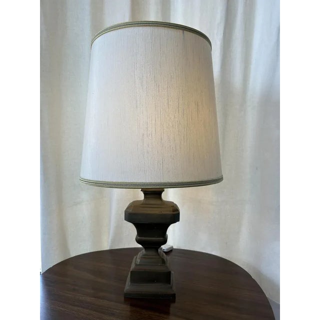 Vintage lamp in patinated brass with original lampshade (some stains photographed) Base height 35cm Width 14/10cm European...