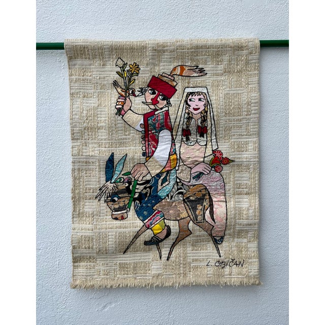 Yellow Lazar Obican, Naive European French Folk Art Jovan Lazar Obican Tapestry Wall Hanging Weaving, 1968 For Sale - Image 8 of 13
