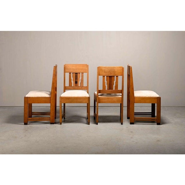 Dutch Art Deco Amsterdam School Dining Chairs in Oak and Light Fabric, 1930s, Set of 4 For Sale - Image 6 of 16