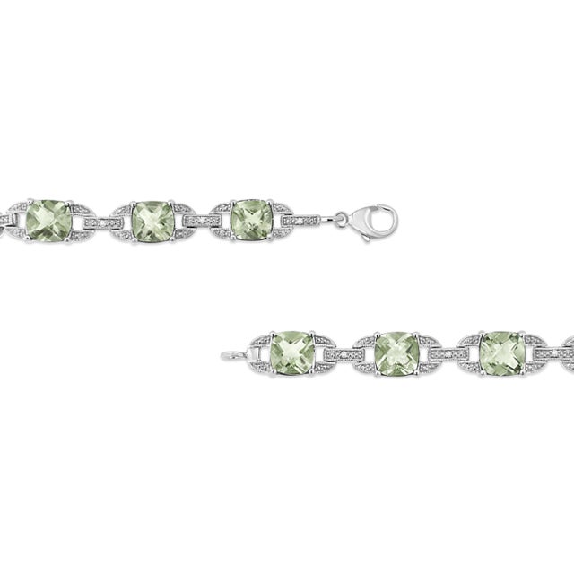 Contemporary .925 Sterling Silver 7x7 mm Cushion Cut Green Amethyst and 1/20 cttw Round Cut Diamond Fashion Tennis Bracelet - 7" For Sale - Image 3 of 7