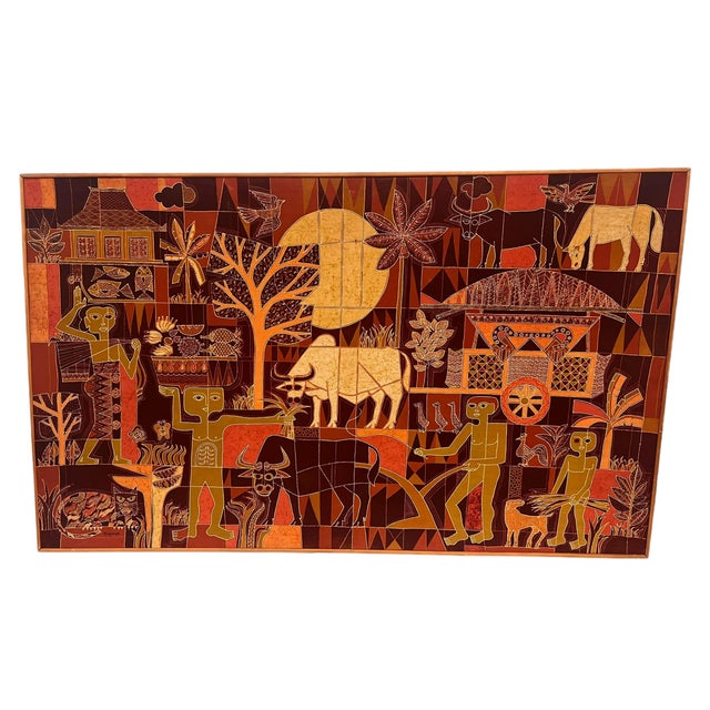 1970s Large Vintage Tribal Folk Art Batik Fabric Painting Art With Mid Century Modern Influence, Signed and Dated For Sale - Image 5 of 9