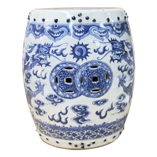 10" Chinese Blue White Porcelain Double Dragons Round Shape Stand Display Art For Sale