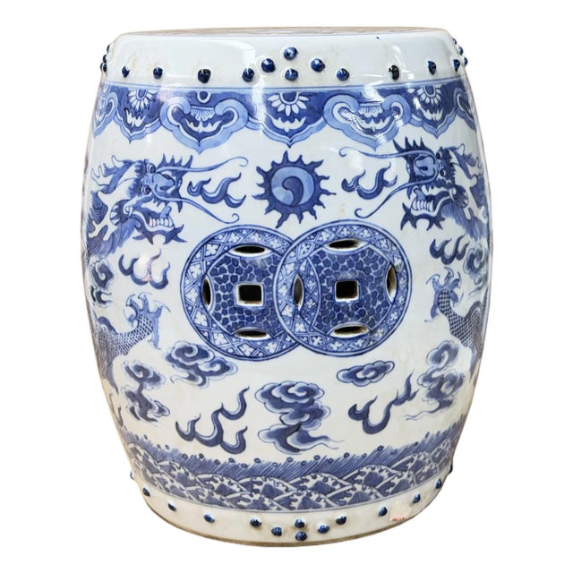 10" Chinese Blue White Porcelain Double Dragons Round Shape Stand Display Art For Sale