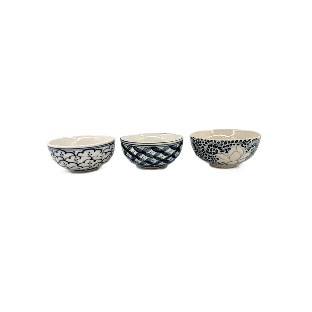 Set of 6 Bat Trang Vietnamese Ceramic Bowls Hand Painted in Blue Floral & Geometric Patterns For Sale - Image 16 of 18
