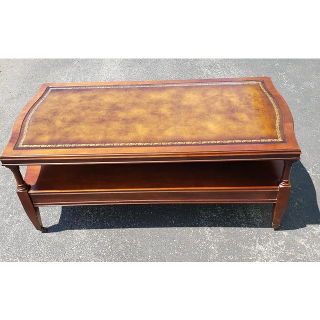 Hollywood Regency 1958 Hollywood Regency Mahogany Tooled Leather Top and Gilt Stencil Coffee Table For Sale - Image 3 of 9