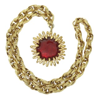 Jomaz Gold Plated Sunburst Pendant Chain Link Necklace c.1970 For Sale