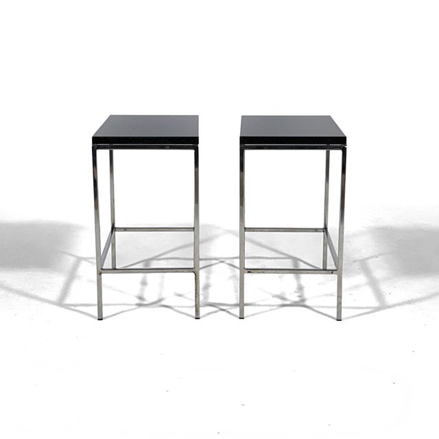 Contemporary Pair of Minimalist Chrome Side Tables With Granite Tops For Sale - Image 3 of 10