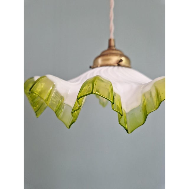 Gold Art Deco Pendant Light in Scalloped White Opaline Glass, 1920s For Sale - Image 8 of 13
