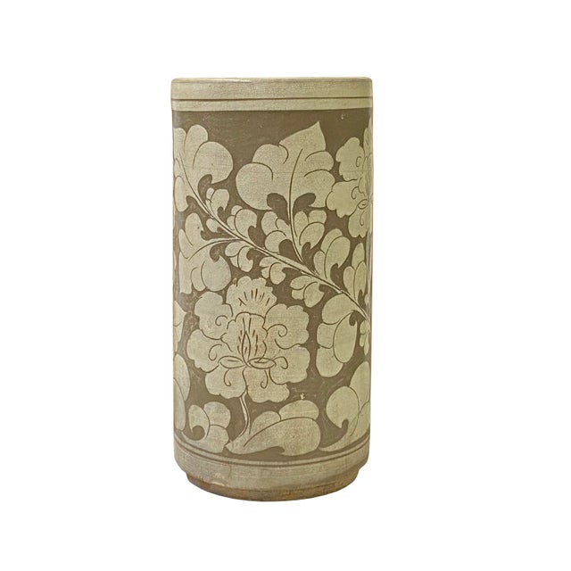 2000 - 2009 Chinese Handmade Ceramic Tan Taupe Flower Column Vase For Sale - Image 5 of 6
