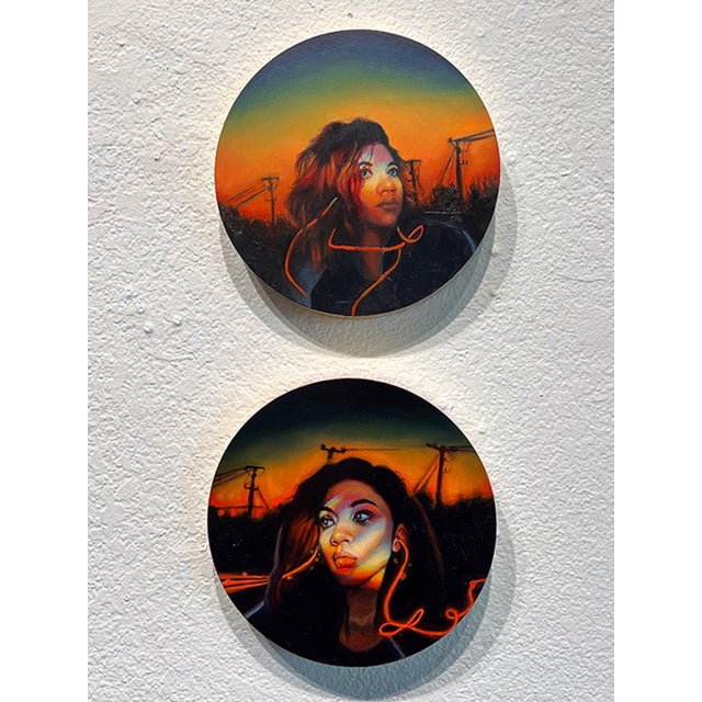 Contemporary I Wish I Never Left The Garden by Ariane` Kamps | Oils on wood tondo featuring a woman's portrait at sunset For Sale - Image 3 of 3