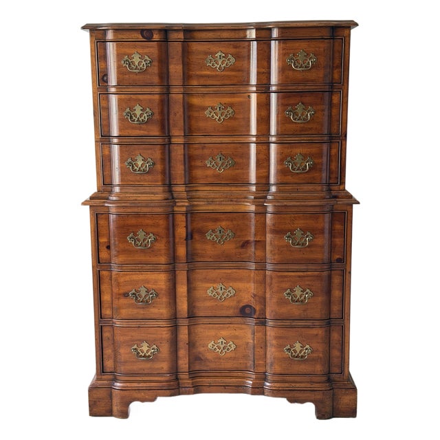 1970s Drexel Heritage American Tour Serpentine-Front Six-Drawer Highboy Chest For Sale