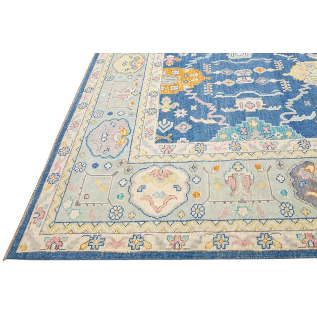 Blue Modern Oushak Handmade Multicolor Floral Motif Oversize Wool Rug For Sale - Image 4 of 10