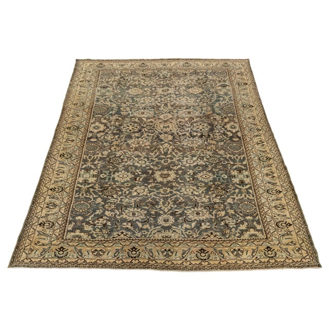 Antique Oriental Wool Rug - Allover Floral Medallion, Neutral Blue/Tan For Sale - Image 9 of 10