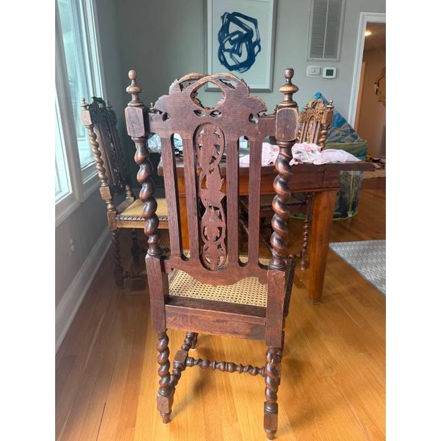 English Set of Six Antique Jacobean Revival Carved Oak Barley Twist Rush Seat Dining Chairs, C. 1900 For Sale - Image 3 of 10