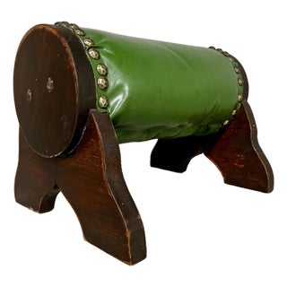 Antique Pegged-Joint Rolling Pin Gout Stool in Verdant Green Leatherette For Sale