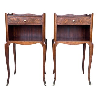 Early 20th Century Pair of Marquetry Walnut Nightstands Tables with Drawer and Open Shelf For Sale