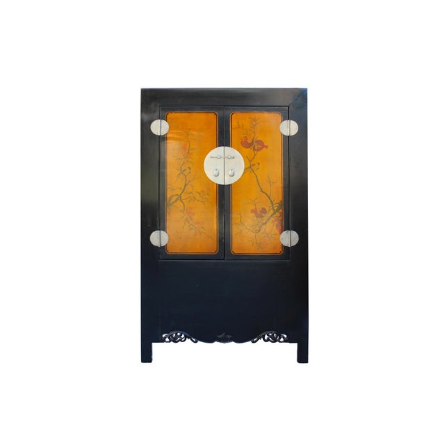 Chinese Black Orange Yellow Graphic Armoire Wardrobe Cabinet For Sale - Image 11 of 11