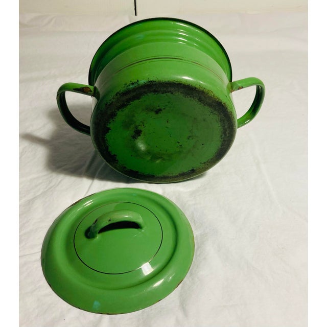 Vintage Enamel Ware Pot With Lid in Green With Narrow Gold Stripe Handle to Two Sides For Sale - Image 4 of 12