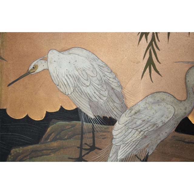 Copper "Willow and White Herons" by Yukiga, 1970s Showa Era Japanese Painted Byobu Screen For Sale - Image 8 of 18