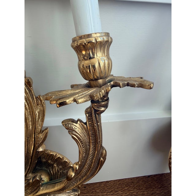 Vintage Gilt Metal Double-Arm Wall Sconces – Louis XV Rococo Style (Pair) For Sale - Image 4 of 12