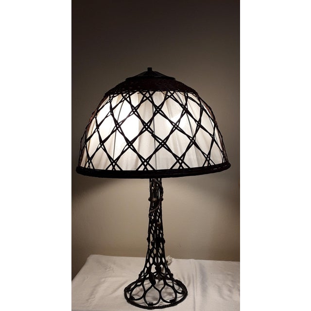 Wood Large Vintage Table Lamp with a Metal Foot in a Braided Look and a Fabric -Related Pipe Mesh Screen, 1980s For Sale - Image 7 of 10