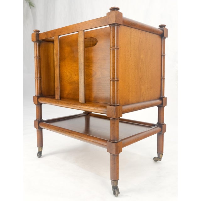 Faux Turned Wood Bamboo Canterbury Magazine Rack on Brass Casters Clean! For Sale - Image 13 of 15