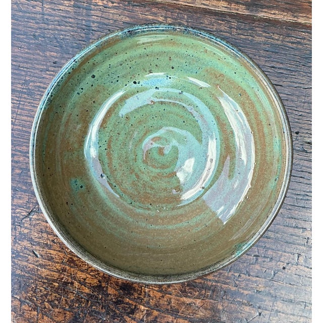Mid-Century Modern Late 20th Century Handcrafted Speckled Green Ceramic Bowl For Sale - Image 3 of 15
