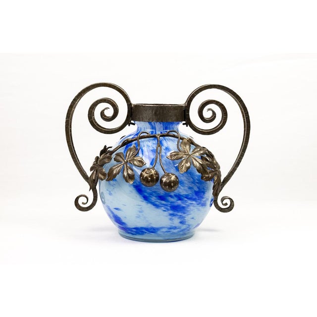 Metal Art Nouveau Vase in Blown Blue Marbled Glass by André Delatte, 1925 For Sale - Image 7 of 14