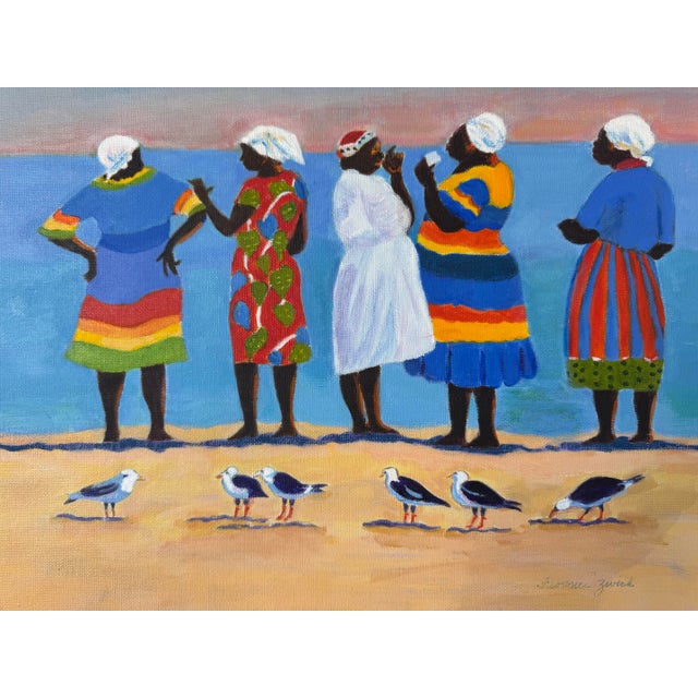 1990s Vintage Florence Zevich Folk Art African Coastal Scene Oil on Board Painting, Signed and Framed For Sale - Image 5 of 11