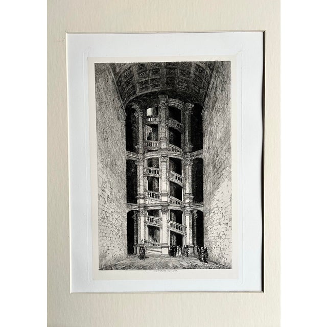 Antique 19th Century French Etching of Chateau Chambord interior with view of the staircase designed by L. DaVinci...