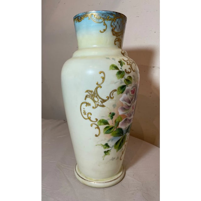Tall Antique Hand Blown Painted Milk Bristol Glass Enamel Enameled Flower Vase For Sale - Image 4 of 11
