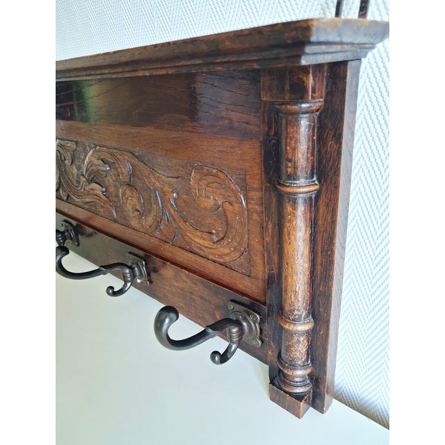 Folk Art Antique Carved Solid Wood Wall Coat Rack, European Folk Style, 5 Hook Hall Rack For Sale - Image 3 of 8