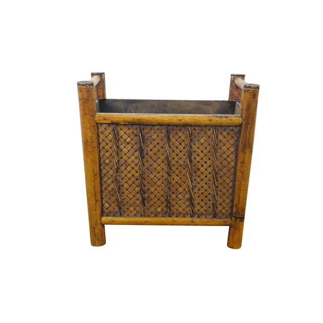 Boho Chic Late 20th Century Boho Chic Bamboo Wicker Rattan Magazine Rack Trash Waste Bin 15" For Sale - Image 3 of 13
