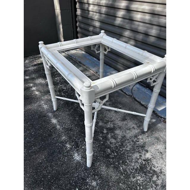 Elegant vintage square side table color white with glass top made by Thomasville Allegro style faux bamboo with fretwork...