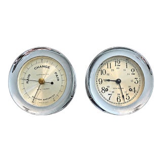 Vintage Mid-Century Seth Thomas "Corsair" Chrome Ship’s Clock & Barometer Set - Untested For Sale