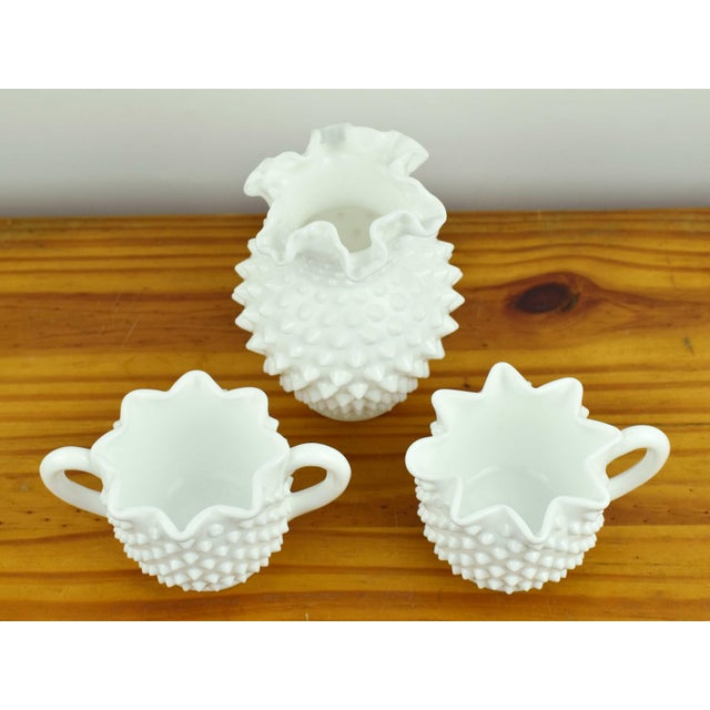Fenton Art Glass Company Early 20th Century Mid Century Modern Fenton White Milk Glass Hobnail Ruffled Bud Vase Star-Rimmed Sugar Bowl & Creamer - 3 Pieces Set For Sale - Image 4 of 6