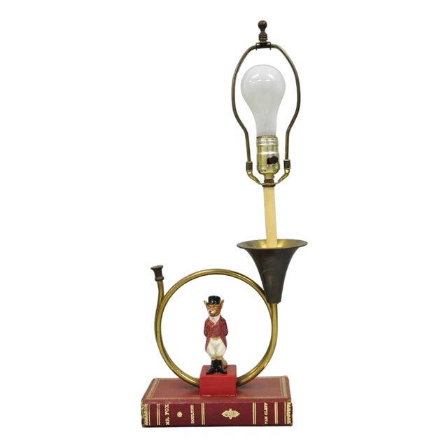 Vintage Equestrian Porcelain Snooty Mr Fox Brass Trumpet on Red Book Table Lamp For Sale