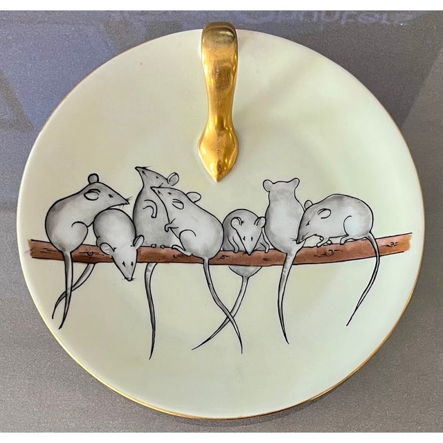 Yellow Antique Early 20th Century Arts & Crafts J & C Bavaria Porcelain Lemon Server Dish With Hand Painted Mice by Hecklin Studio Mpls. Circa 1920 For Sale - Image 8 of 9