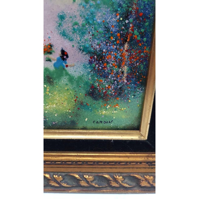 Late 20th Century Late 20th Century Cardin Framed Painting of Children Exchanging Flowers Sunset Copper Enameled Golden Hour For Sale - Image 5 of 8