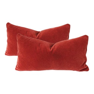 Plush Burnt Red Down Filled Lumbar Mohair Pillows - A Pair For Sale