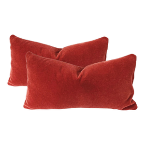 Plush Burnt Red Down Filled Lumbar Mohair Pillows - A Pair