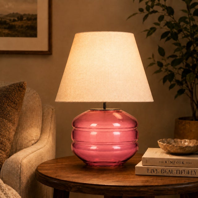 Contemporary Hand-Blown Glass Table Lamp with Linen Shade in Rose by Svitanok For Sale - Image 3 of 4