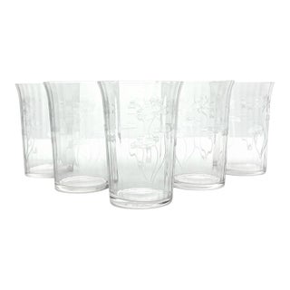 1910s Antique Fostoria Lotus 5 Etched Optic Highball Tumbler Glasses For Sale