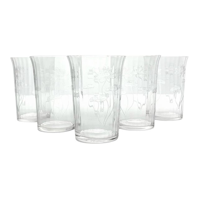 1910s Antique Fostoria Lotus 5 Etched Optic Highball Tumbler Glasses For Sale