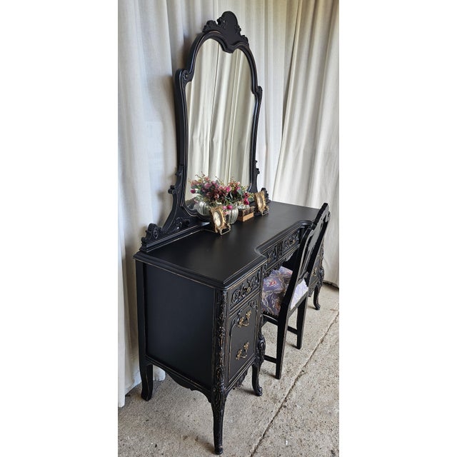 Boho Chic Black Vanity With Chair, 1930s Parisian, Romantic Style For Sale - Image 3 of 18
