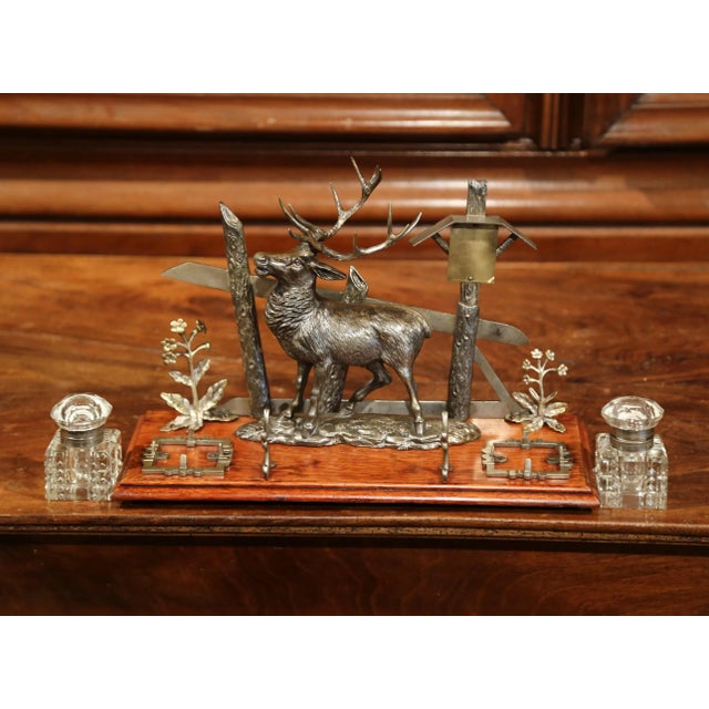 Mid 20th Century Mid 20th Century French Spelter and Cut Glass Inkwell With Deer Sculpture For Sale - Image 5 of 10