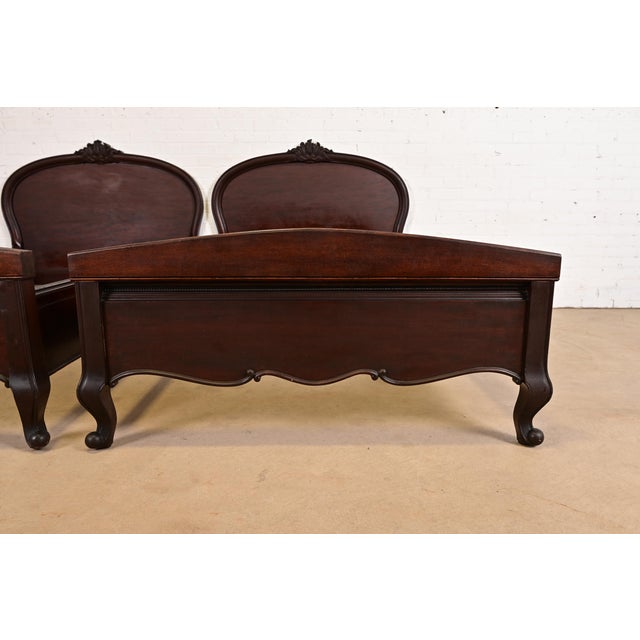 Brown Romweber Style Antique French Provincial Louis XV Carved Mahogany Twin Beds, Pair For Sale - Image 8 of 9