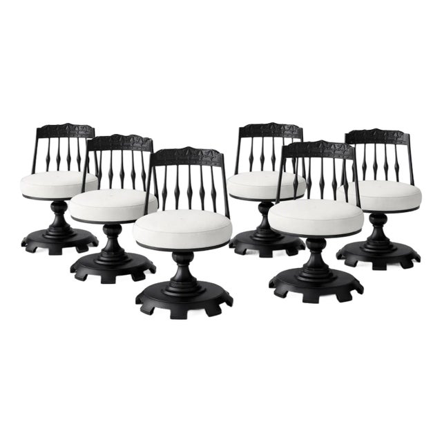 1970s Chromodern Sculptural Swivel Dining Chairs in Matte Black – Set of 6 (Ch084) For Sale