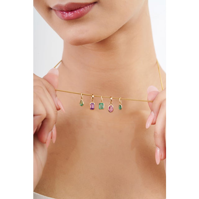 Octagon Cut Emerald Bezel Set Fine Charm Pendant 14k Gold Jewelry For Sale - Image 12 of 18