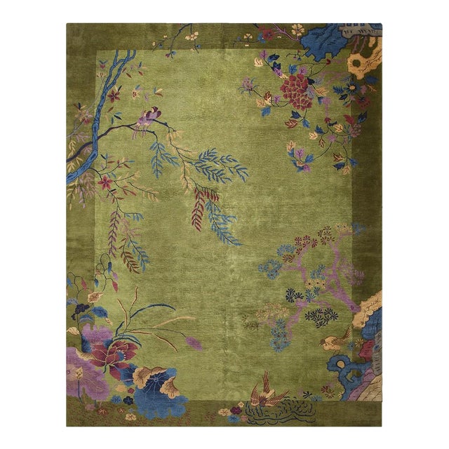 1920s Room Size Wool Green Floral Modern Antique Chinese Art Deco Carpet Rug For Sale